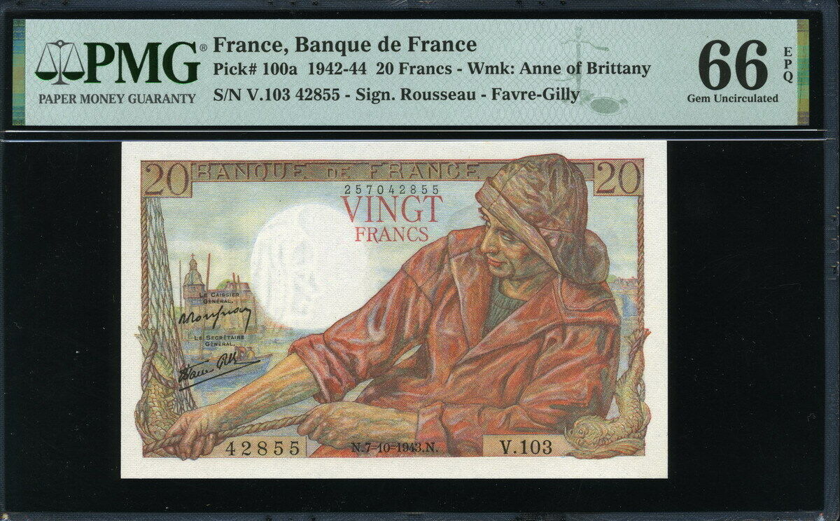 프랑스 France 1942-1944 ( 1943 ), 20 Francs, P100a, PMG 66 EPQ GEM UNC 완전미사용